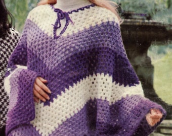 Striped 3 Colour Poncho Crochet Pattern - Worsted Weight, 70s 3 Stripe Poncho Crochet Pattern, Vintage Crochet PDF Pattern