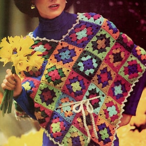Granny Square Poncho with Picot edges Crochet Pattern - 70s Festival Poncho Pattern, Worsted weight Vintage Crochet PDF Pattern
