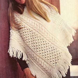 Irish Aran Knit Poncho Knitting Pattern - Fringed Poncho Pattern, V-neck Poncho, Country Chic Poncho, Vintage Knitting PDF, Instant Download