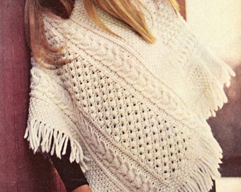 Modèle de tricot de poncho en tricot irlandais Aran - modèle de poncho à franges, poncho à col en V, PDF tricot vintage, téléchargement immédiat