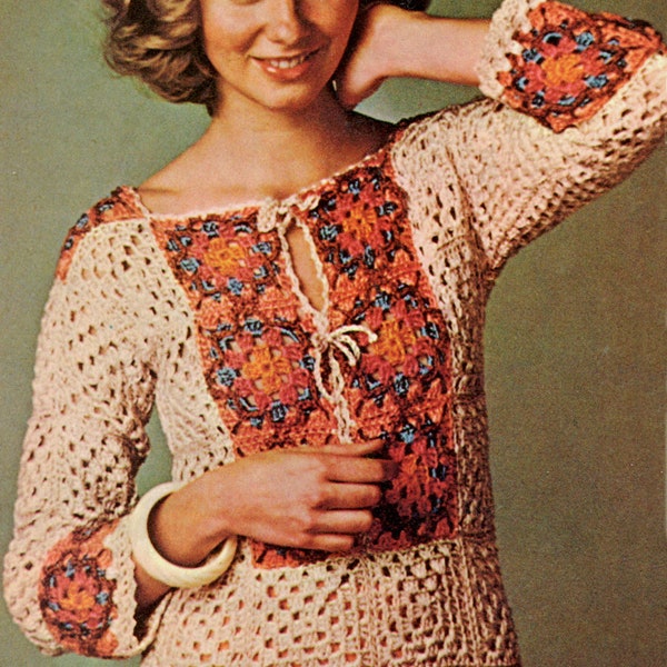 Granny Square Tunic Crochet Pattern - Boho Summer Top Pattern, Small Medium Layer Top Crochet Pattern, Vintage Crochet PDF Pattern