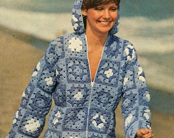 Granny Square Zip Front Hoodie Crochet Pattern - Crochet Hoodie Jacket Pattern, Vintage Crochet PDF Pattern
