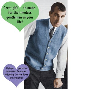 May include: A vintage knitting pattern for a blue knitted waistcoat with buttons. The pattern is formatted for easier following. Custom fonts are available.