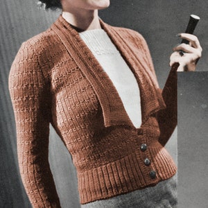 1930's Tuxedo Collar Cardigan Knitting Pattern Size 36 Underarm Vintage Knitting PDF Monarch Yarn image 1