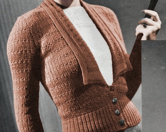 1930's Tuxedo Collar Cardigan Knitting Pattern - Size 36" Underarm - Vintage Knitting PDF Monarch Yarn