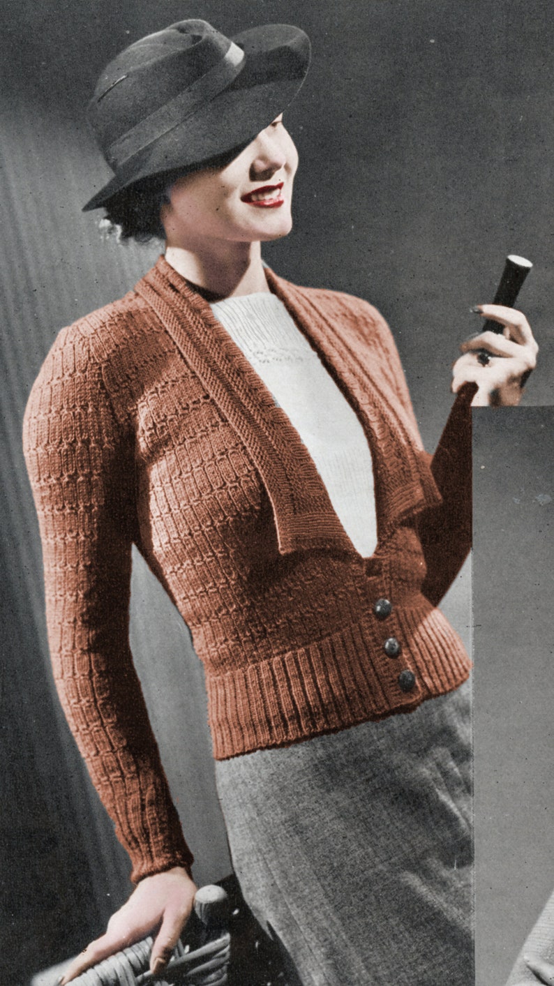 1930's Tuxedo Collar Cardigan Knitting Pattern Size 36 Underarm Vintage Knitting PDF Monarch Yarn image 1