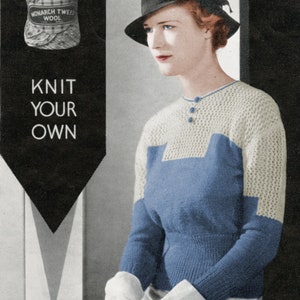 May include: A vintage image featuring a woman wearing a blue and white knit sweater and a black hat. The sweater has a geometric design. The image also includes a banner with the text "KNIT YOUR OWN" and a ball of yarn.