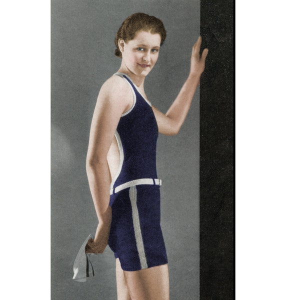 1930's Bathing Suit Knitting Pattern - Knitted Open Back Swimsuit with Legs - Size 36 to 38 Swimsuit Knitting PDF Pattern