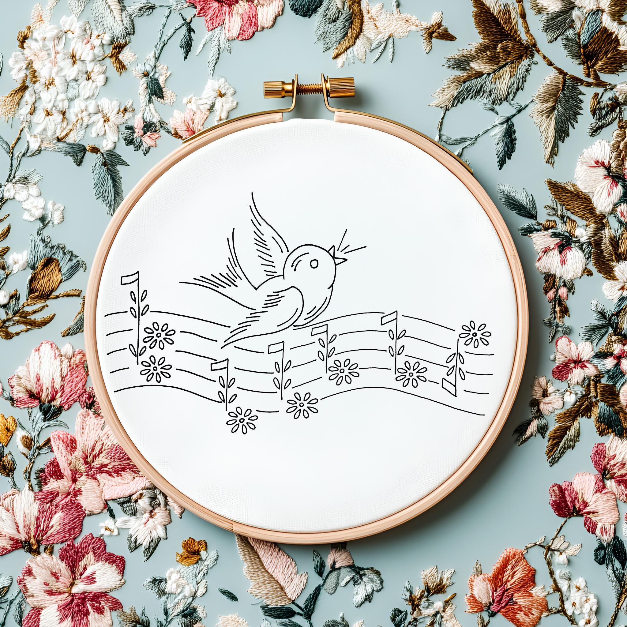 Cute Songbird With Musical Notes Vintage Hand Embroidery Pattern - PDF ...