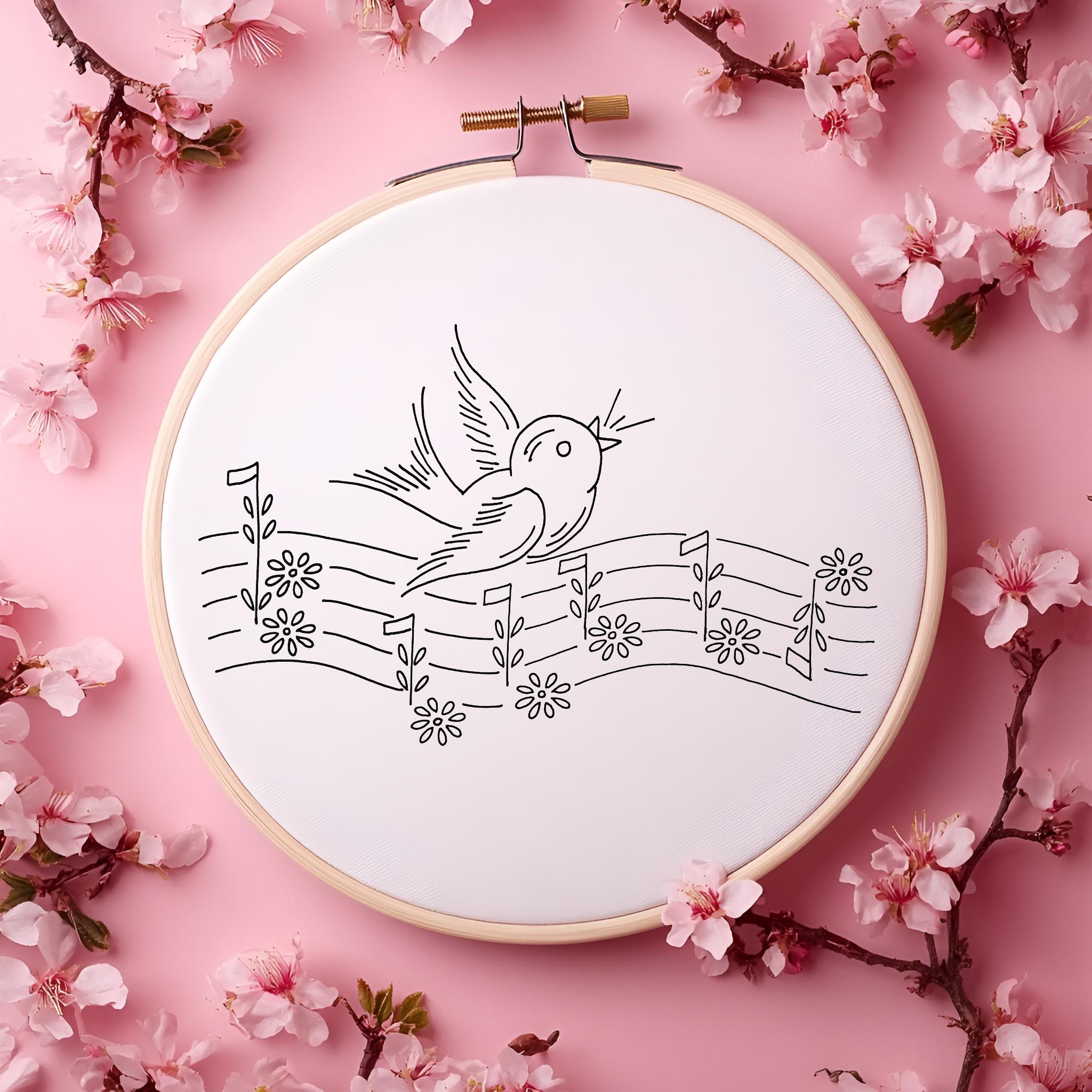 Cute Songbird With Musical Notes Vintage Hand Embroidery Pattern - PDF ...