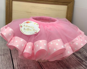 Pink Polkadot Ribbon Trim TuTu/Ribbon Trim Tutu/Tutu/Kids Tutu/Girls Pink Tutu