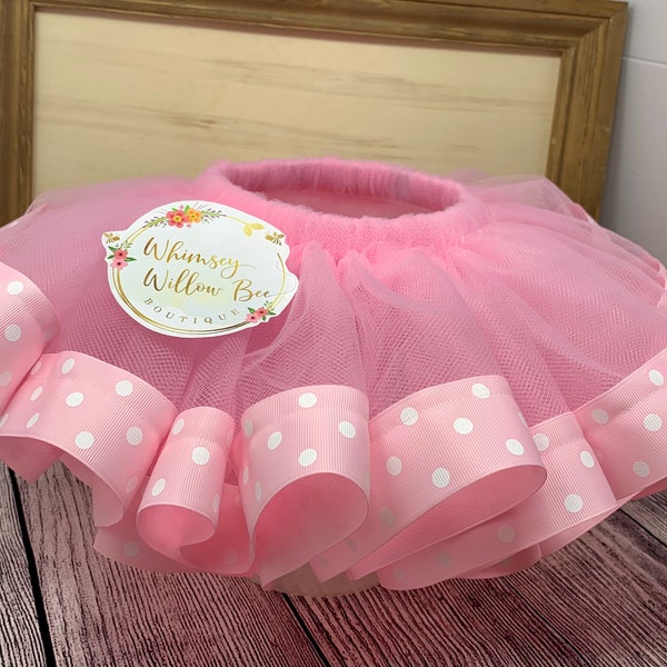 Pink Polkadot Ribbon Trim TuTu/Ribbon Trim Tutu/Tutu/Kids Tutu/Girls Pink Tutu