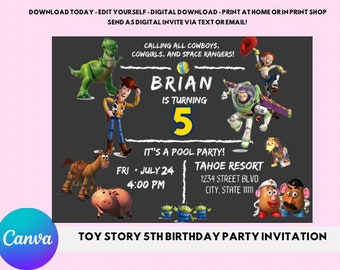 Toy story 5th birthday party invitation, party invitation, birthday party invitation, party invite, toy story party, canva invitation