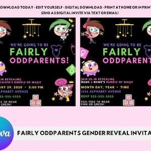 Gender reveal invitation, fairly odd parents gender reveal invitation, party invitation, gender reveal flyer, Canva invitation, baby invite