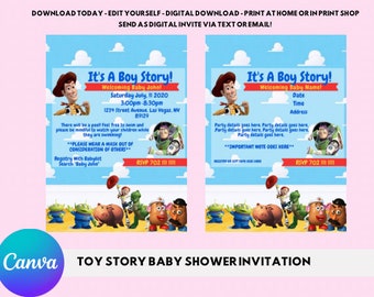 Invitación al baby shower de Toy Story, invitación al baby shower, invitación a fiesta, invitación editable, invitación canva, plantilla canva