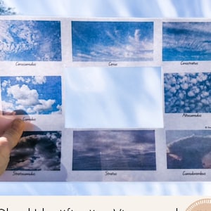 May include: A cloud identification viewer and matching information cards. The viewer has nine clear plastic windows with images of different types of clouds. The cards have the names of the clouds: Cirrocumulus, Cirrus, Cirrostratus, Cumulus, Altocumulus, Stratocomulus, Stratus, and Cumulonimbus.