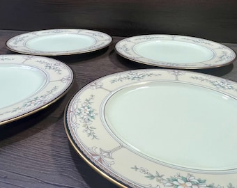 Noritake Churchill Pattern, Set of 4 Dinner Plates, Vintage Bone China with Floral Design and Black and Gold Edge