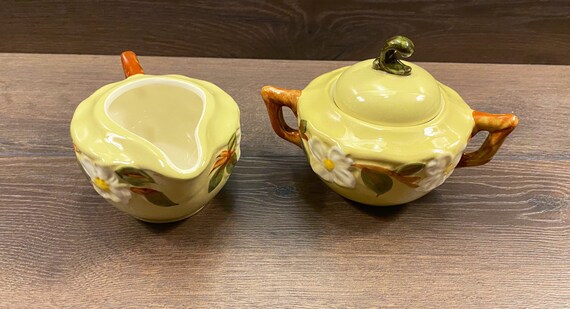 Stangl White Dogwood, Creamer and Sugar Bowl, Hand Painted Green with White Flowers, Vintage Cream and Sugar Bowl Set