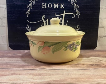 Pfaltzgraff Garden Party Casserole Dish, Tulips with Floral and Cherry Pattern, Stoneware, Vintage Covered Casserole Dish