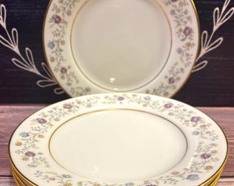 Noritake Longwood, Set of 4 Appetizer or Bread & Butter Plates, Spring Time Floral Pattern with Gold Trim, Circa 1970s