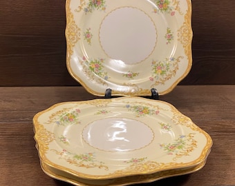 Noritake Leona Square Salad Plates, Set of 3, Vintage Fine China, Noritake Leona Pattern,Yellow Scroll with Floral Set