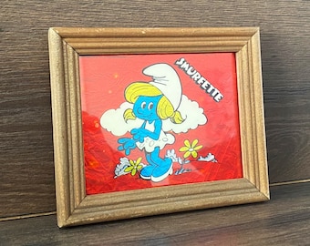 Vintage Smurfette Foil Art, Framed Shiny Smurf Picture, Smurf Wall Art, Childrens Bedroom Decor, Gift Ideas for Collectors