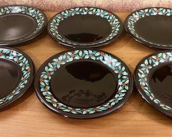 Dunoon Holly Dessert Plates, Set of 6, Black Plates with Holly Design, Caroline Bessey Design, Stoneware, Christmas Dinner