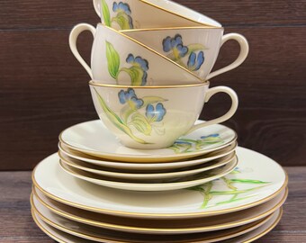 Vintage Iris Flower Pattern, Lunch Set for 4, Teacups Saucers and Salad Plates, Ohata China Made in Japan
