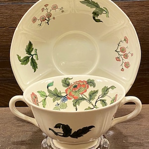 Wedgwood Mandarin Cream Soup Bowl and Saucer Set, Pretty Pink Flowers, Vintage China, Made in England, Excellent Condition