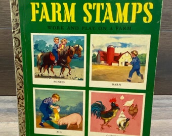 Vintage 1957 Farm Stamps Book, Little Golden Book,Work and Play on a Farm,Storybook,Junk Journal, Nursery Decor,Children’s Book, Collector’s