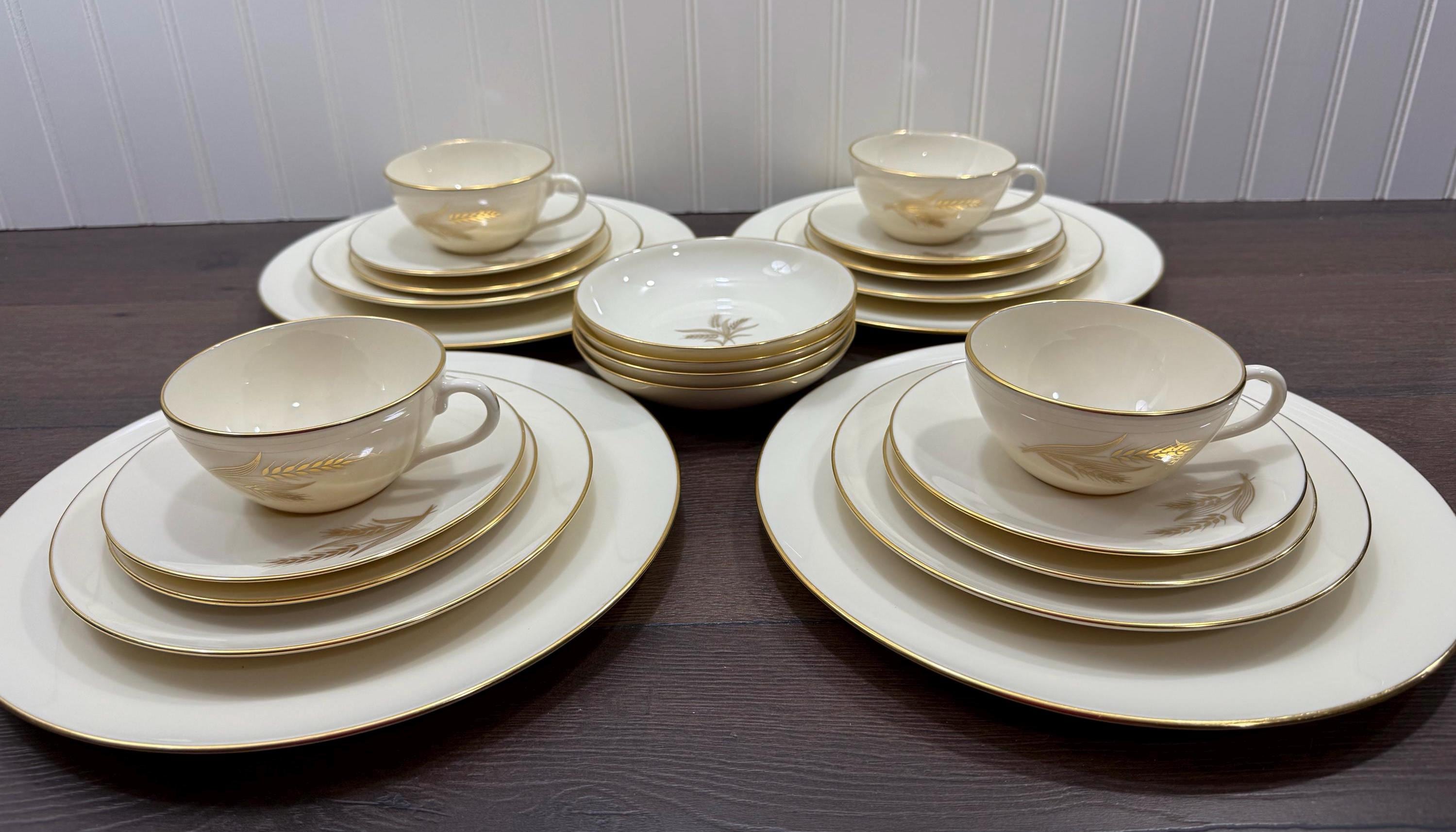 Lenox “WHEAT” Pattern Dinnerware Set, 24 Piece Setting for 4, Ivory China with Gold Rim and Wheat Design, Wedding China