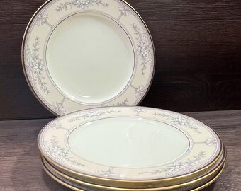 Noritake Churchill Pattern, Set of 4 Salad Plates, Vintage Bone China with Floral Design and Black and Gold Edge