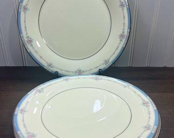 Royal Doulton Lisa Pattern Dinner Plates, Set of 4, Blue Band with Floral Design Bone China, Made in England