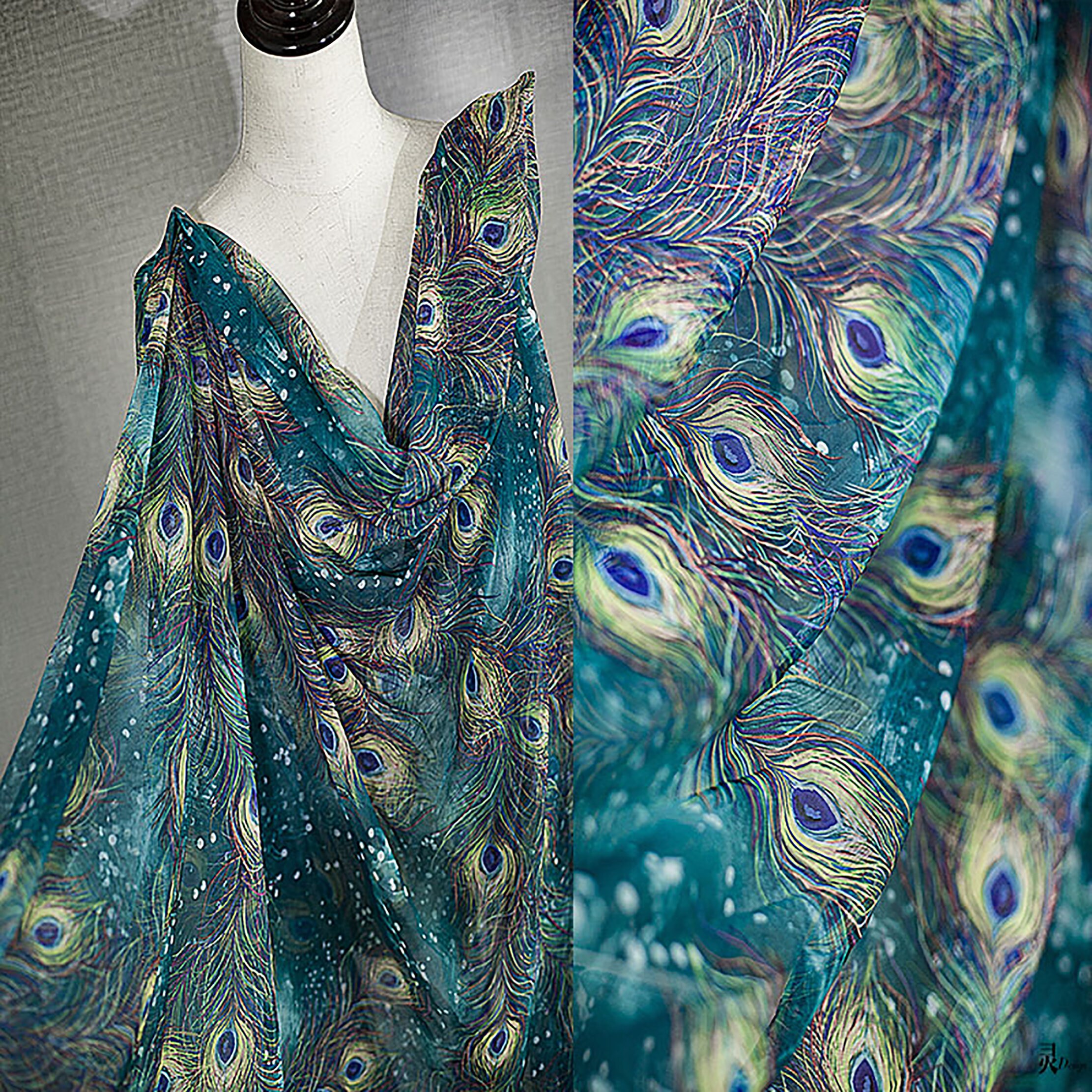 Peacock feathers mesh fabrics Blue perspective lace fabric Etsy