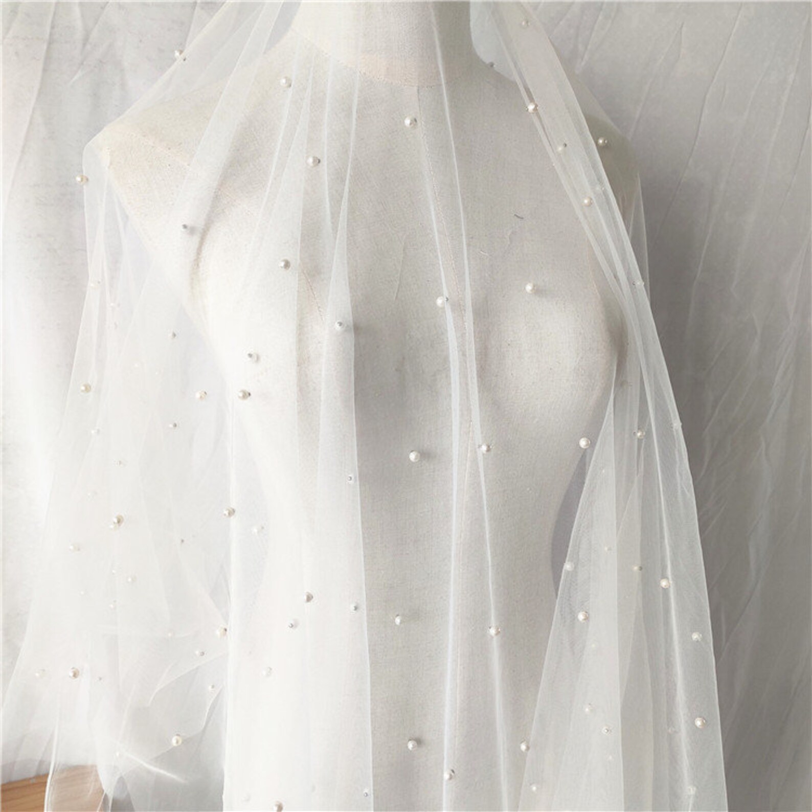 White pearl tulle fabric Beaded lace fabric Veil mesh Etsy