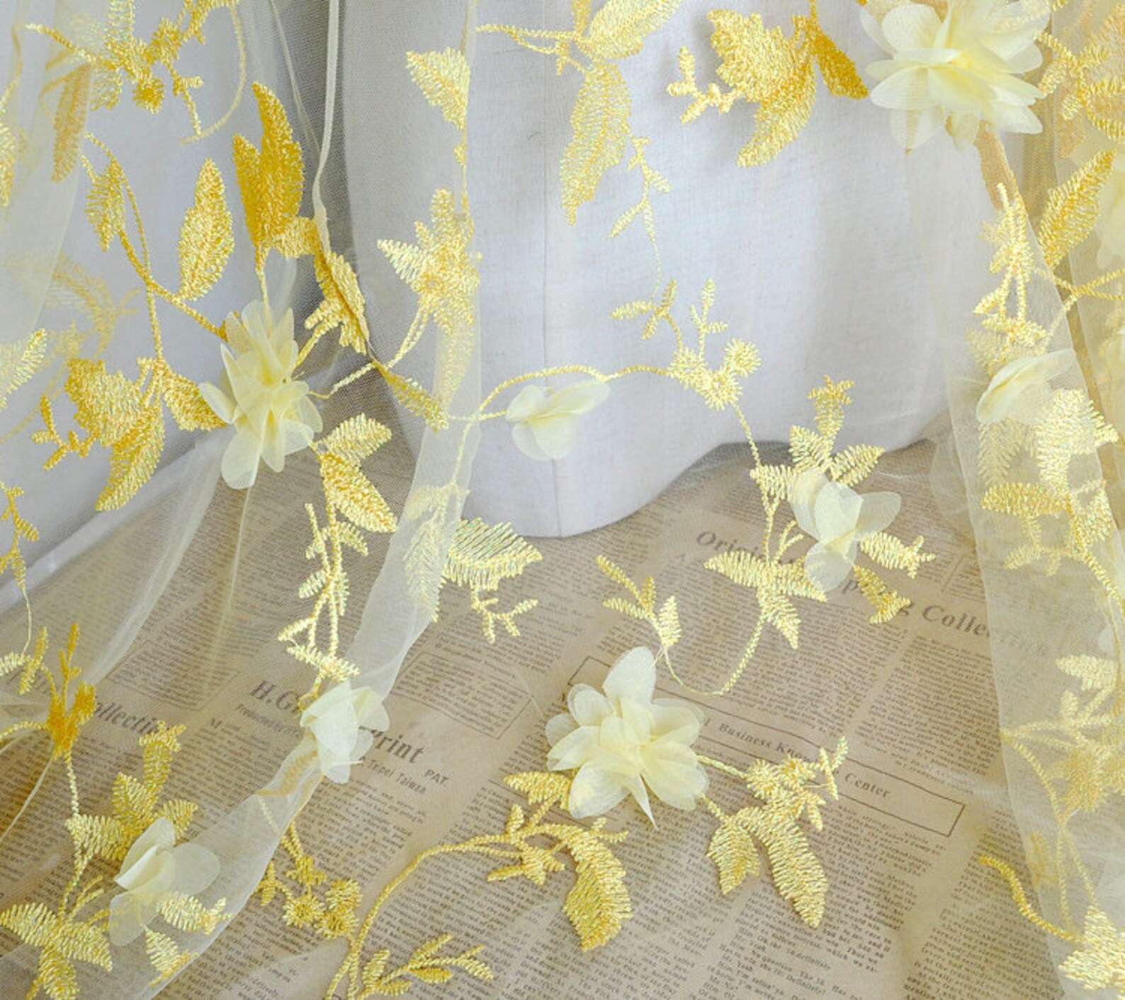 Yellow floral embroidered fabric Chiffon tulle 3D flower Etsy
