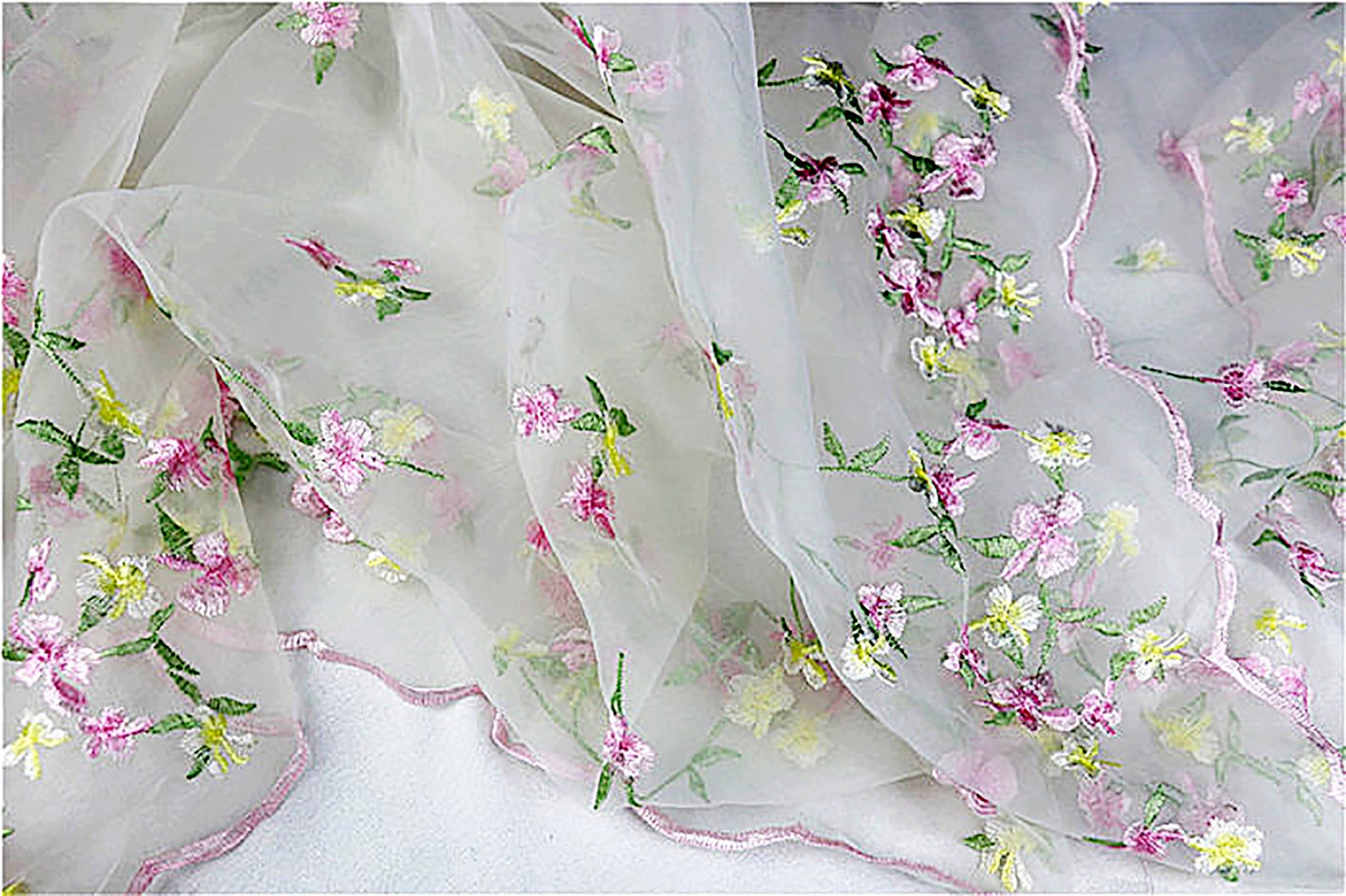 Pink flowers embroidered tulle fabric Floral organza fabric Etsy