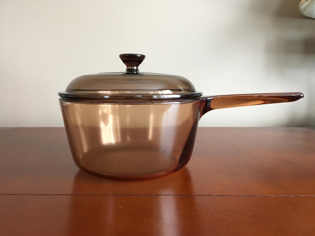 Vintage Corning Ware Vision Amber Glass Pot With Handle and Lid