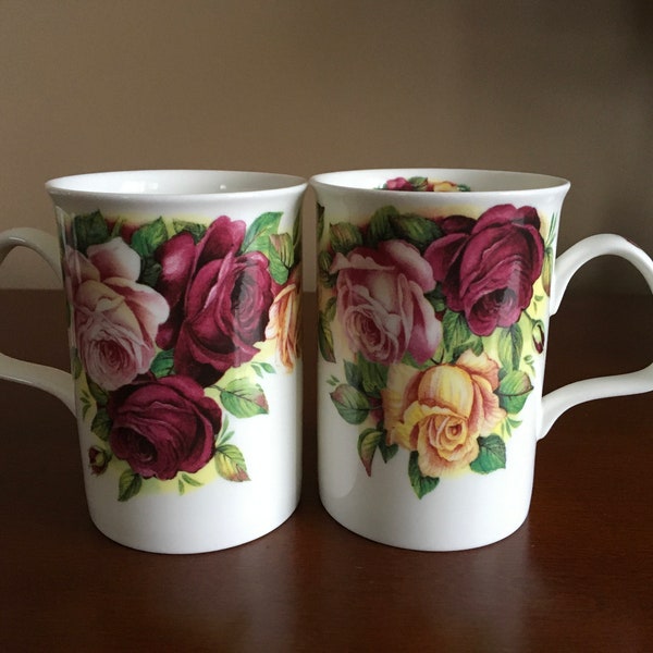 Pair of Vintage Roy Kirkham Garden Rose fine bone china Mugs