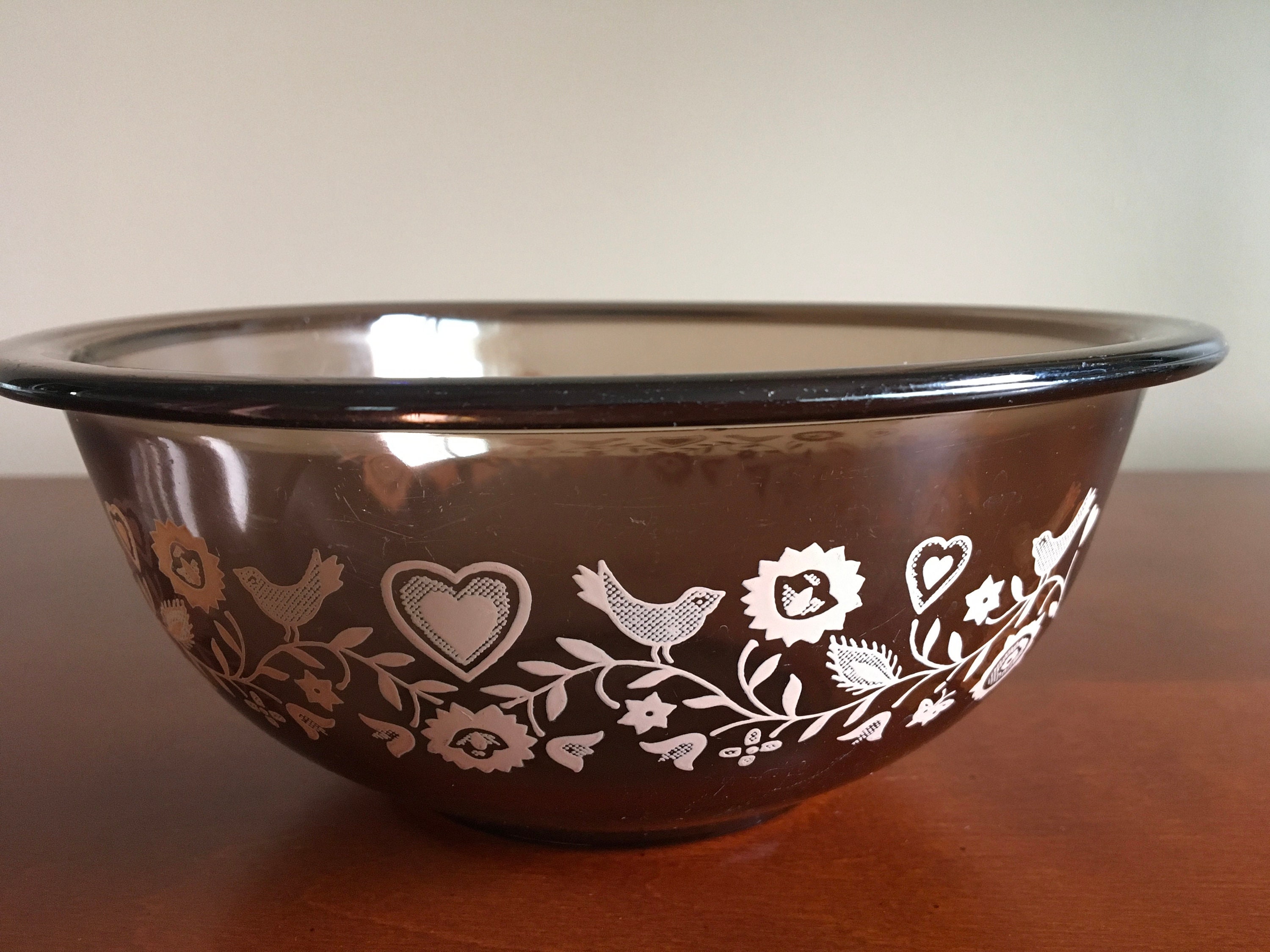 Vintage Pyrex Festive Harvest Smoky Glass With Soft Pink Birds and