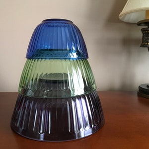 Set of 3 Vintage Pyrex purple Amethyst, green  and blue Sapphire ribbed glass mixing bowls