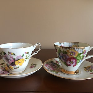 Tea for Two, a pair of Pansy decorated fine bone china Tea Cups with matching Saucers