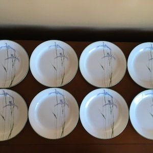 Pode incluir: Oito pratos de jantar brancos com uma borda verde e um desenho floral azul. Os pratos estão dispostos em duas filas de quatro.