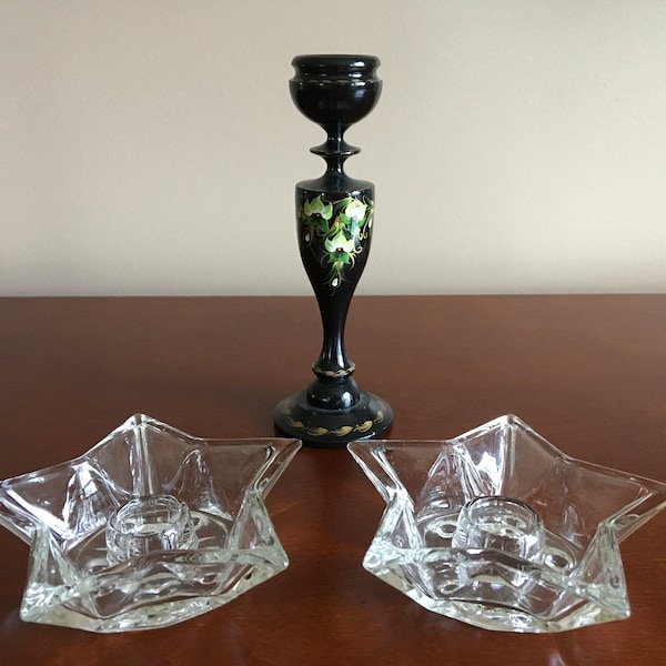 Lot of candle holders, one Wooden Hand painted black lacquered candle holder and two star shaped glass candle holders