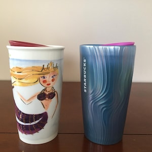 ONE Vintage Collectible Starbucks Ceramic Purple and Gold Siren 2015 OR Blue Pearlescent Tumbler with lid 2022 Starbucks Siren travel mug