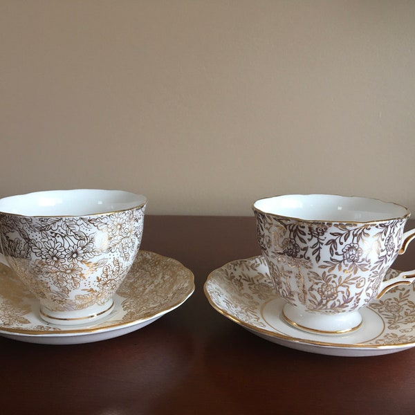Tea for Two, une paire de tasses à thé en porcelaine en porcelaine d’os fin Royal Vale et Colclough Gold Floral avec des soucoupes assorties