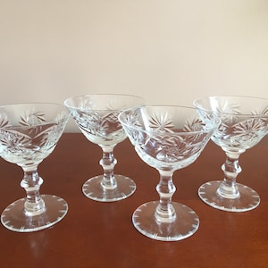 Set of 4 Vintage mid-century Bohemian Crystal Hand Cut Pinwheel pattern Champagne Coupe Glasses Flapper Party Roaring Twenties Bridal Gift