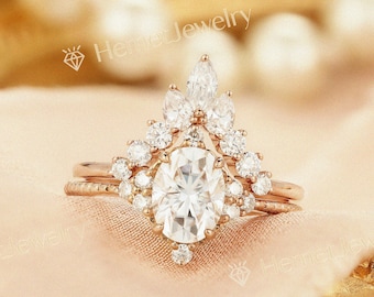 Moissanite engagement ring set oval cut rose gold diamond vintage ring milgrain ring delicate ring art deco ring bridal set anniversary ring