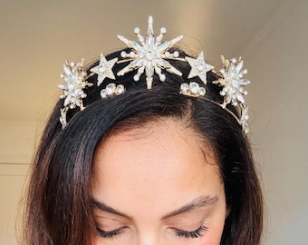 Gold Star Crystal Tiara: Celestial Goddess Hair Crown