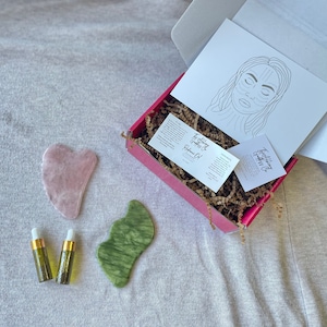Rose Quartz & Green Jade Gua Sha Set: Organic Face Oil, Beauty Gift